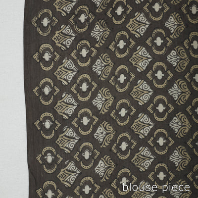 Brown - Natural Dyed Block Print Mul Cotton Ajrakh Saree