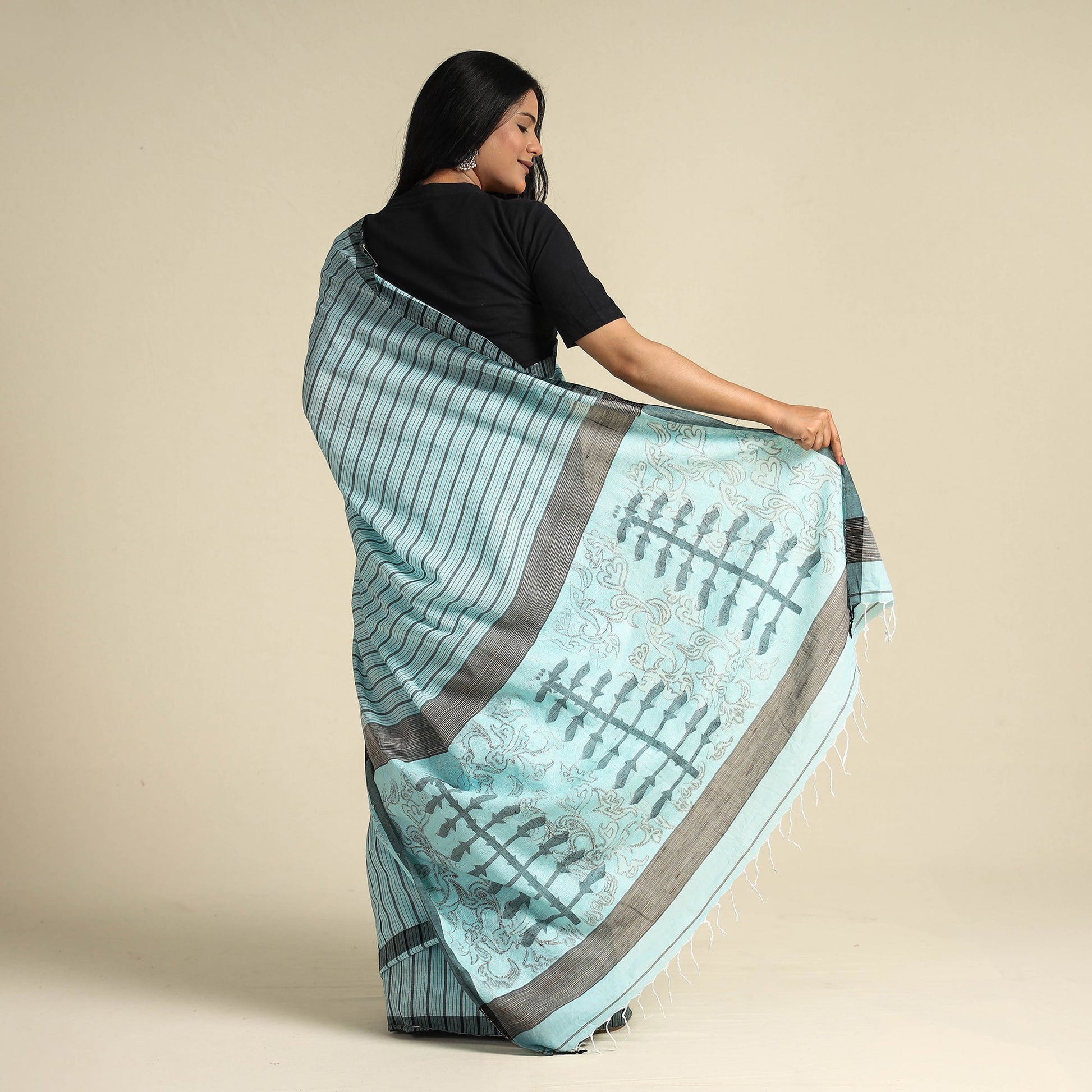 Blue - Bengal Kantha Hand Embroidery Handloom Cotton Saree with Tassels 09
