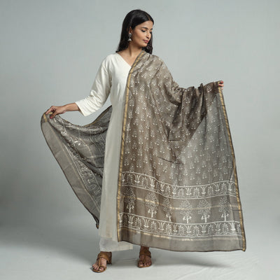 Brown - Pipad Block Printed Handloom Chanderi Silk Dupatta 77