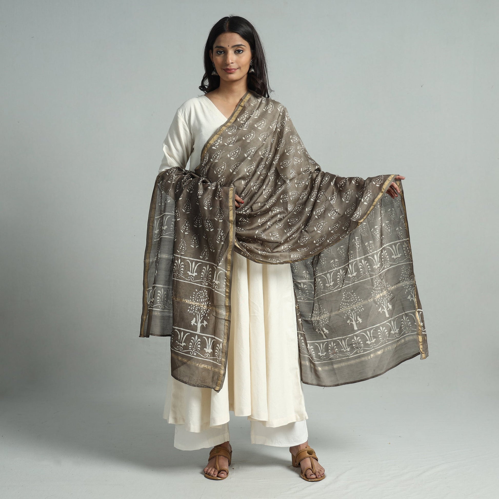 Brown - Pipad Block Printed Handloom Chanderi Silk Dupatta 77