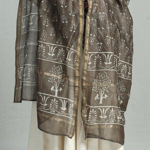 Brown - Pipad Block Printed Handloom Chanderi Silk Dupatta 77