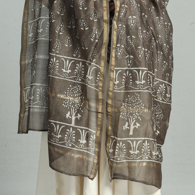 Brown - Pipad Block Printed Handloom Chanderi Silk Dupatta 77