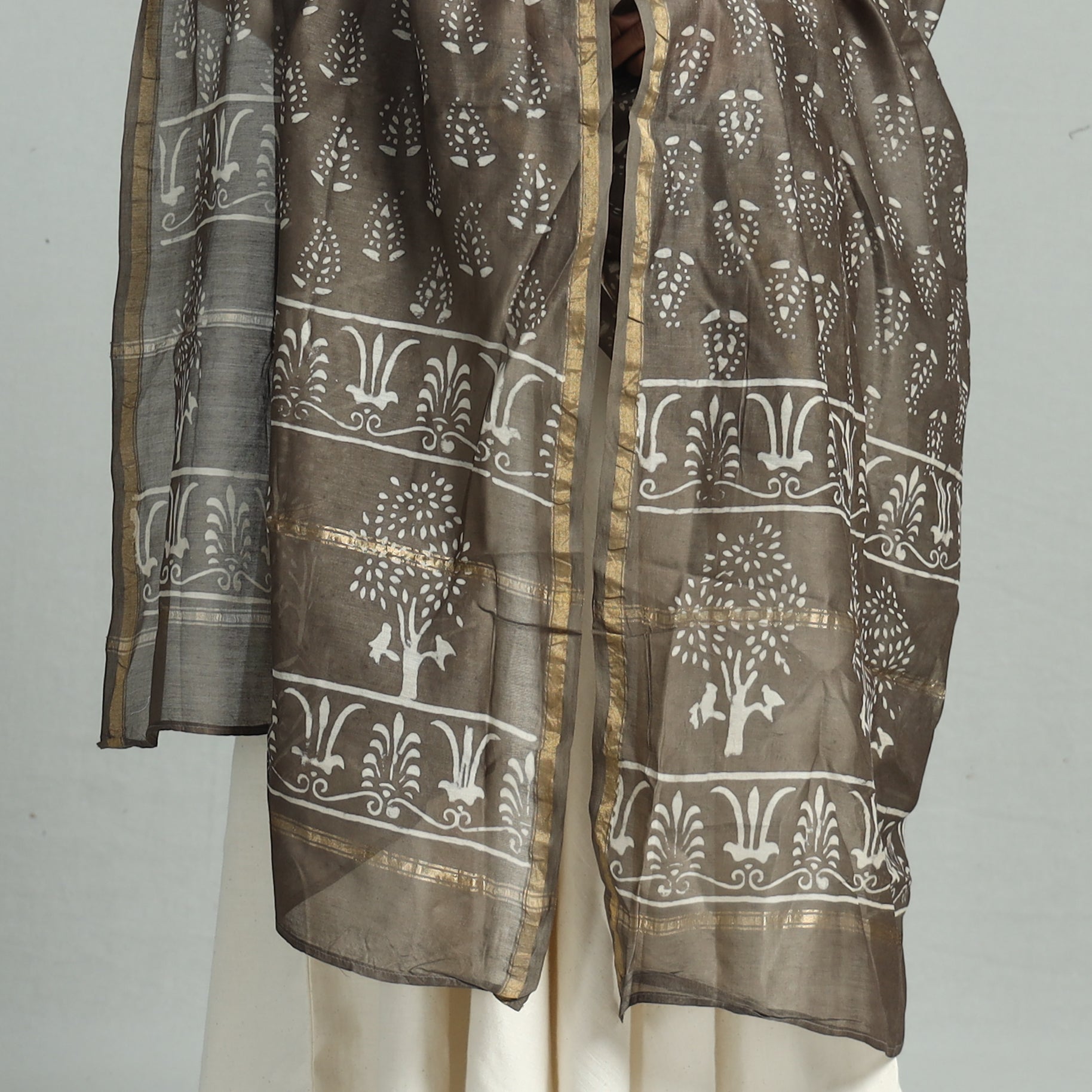 Brown - Pipad Block Printed Handloom Chanderi Silk Dupatta 77