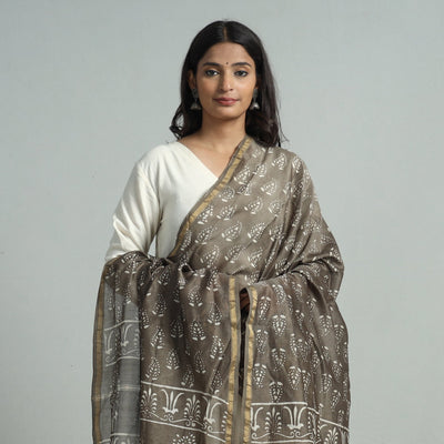 Brown - Pipad Block Printed Handloom Chanderi Silk Dupatta 77