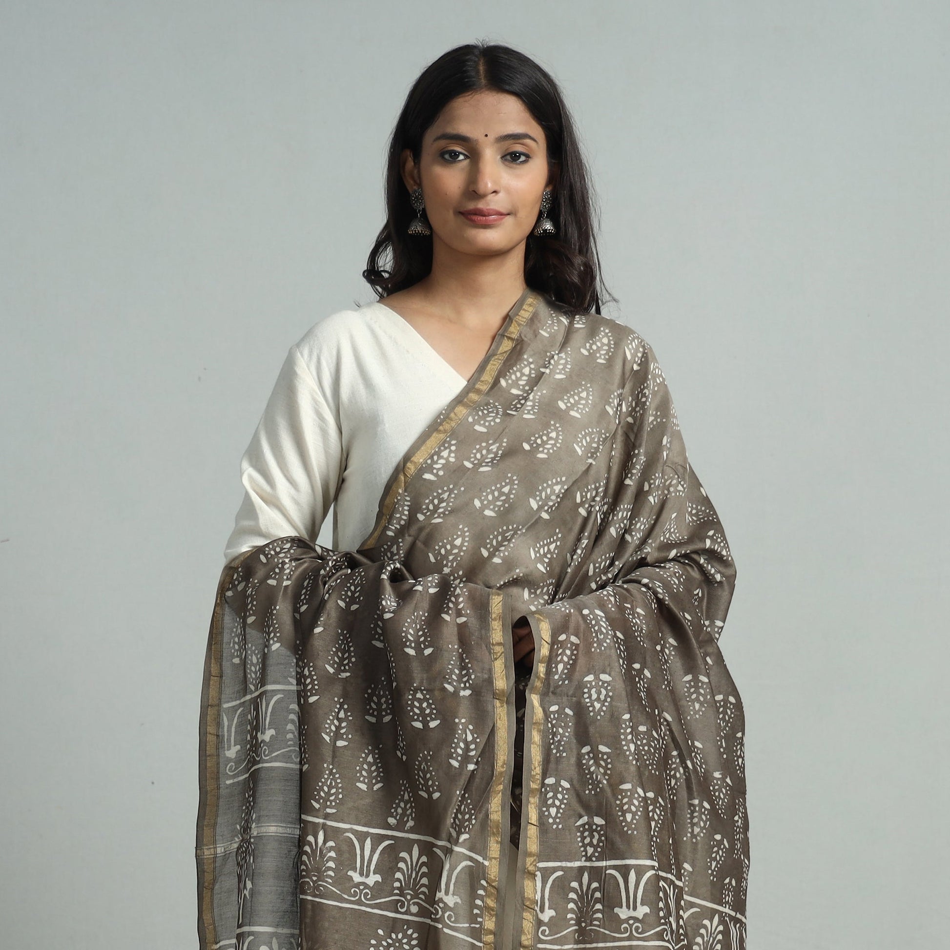 Brown - Pipad Block Printed Handloom Chanderi Silk Dupatta 77