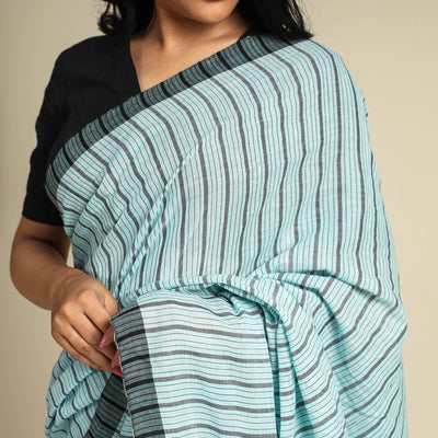 Blue - Bengal Kantha Hand Embroidery Handloom Cotton Saree with Tassels 09