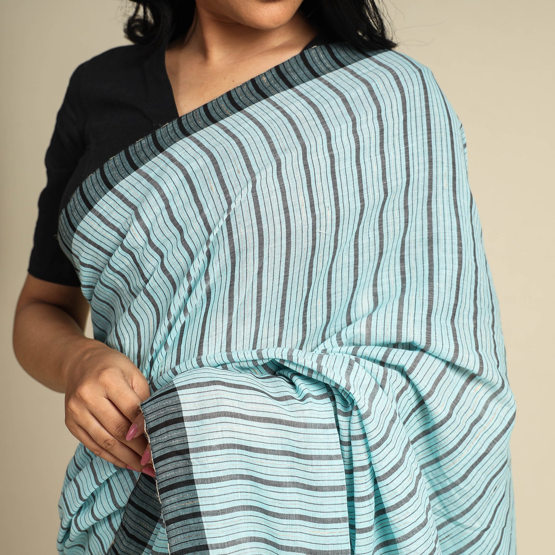 Blue - Bengal Kantha Hand Embroidery Handloom Cotton Saree with Tassels 09