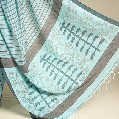 Blue - Bengal Kantha Hand Embroidery Handloom Cotton Saree with Tassels 09