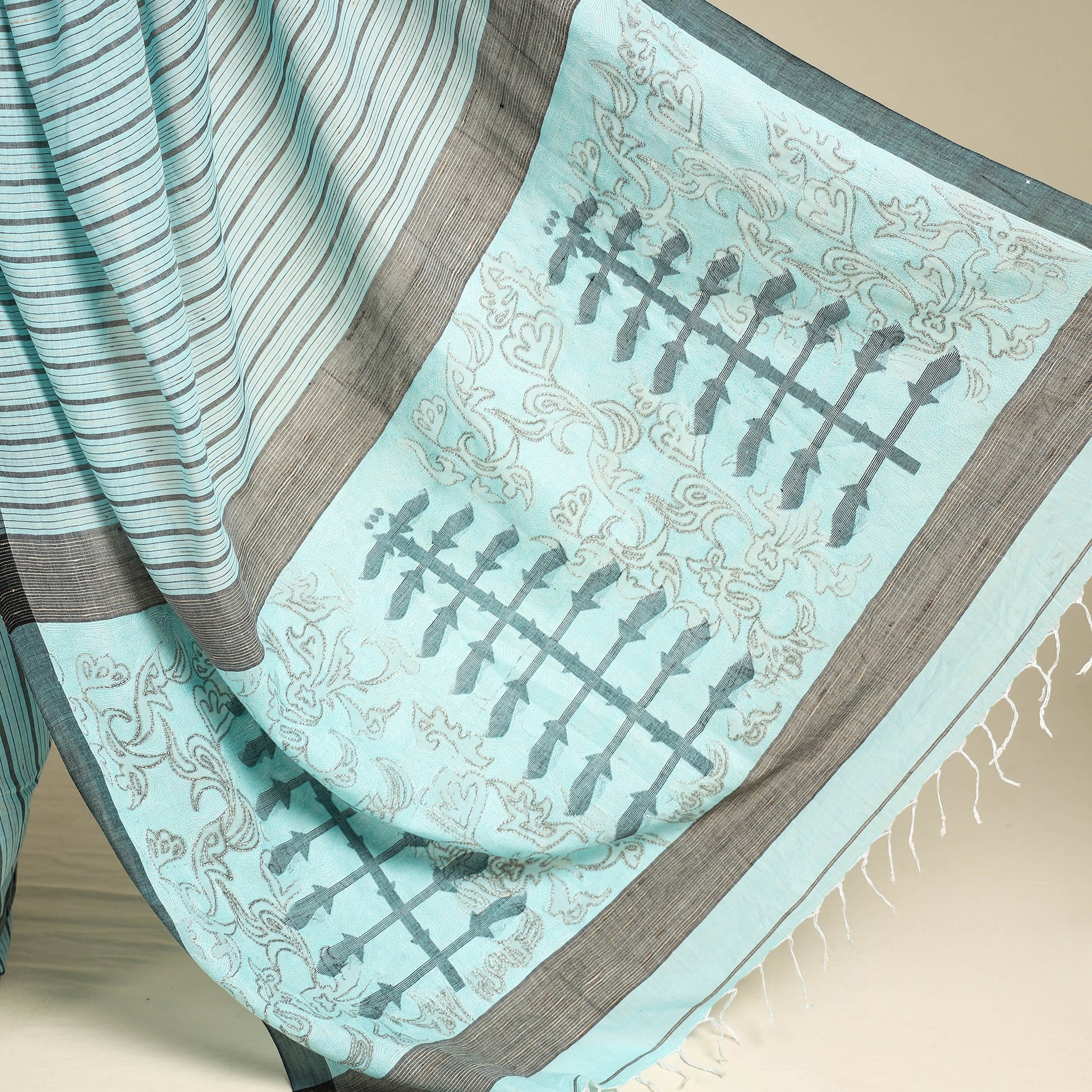 Blue - Bengal Kantha Hand Embroidery Handloom Cotton Saree with Tassels 09
