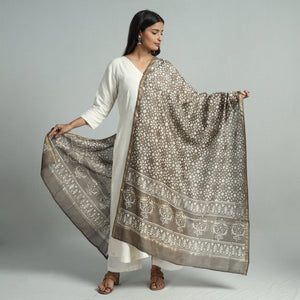 Brown - Pipad Block Printed Handloom Chanderi Silk Dupatta 76