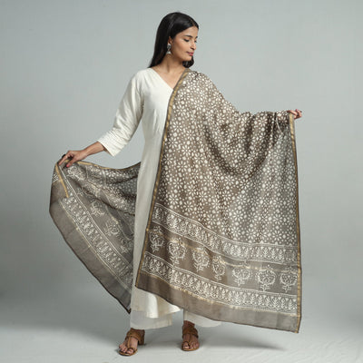 Brown - Pipad Block Printed Handloom Chanderi Silk Dupatta 76