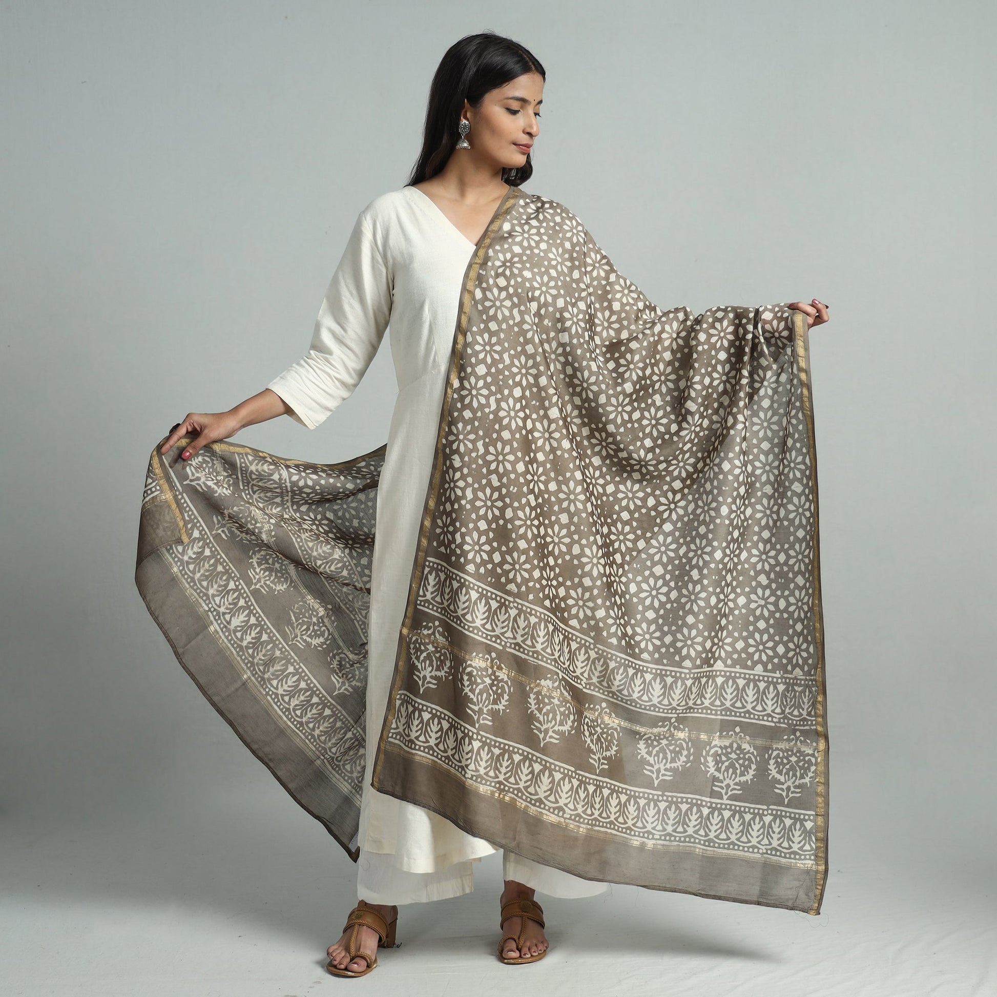 Brown - Pipad Block Printed Handloom Chanderi Silk Dupatta 76