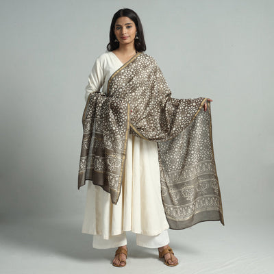 Brown - Pipad Block Printed Handloom Chanderi Silk Dupatta 76