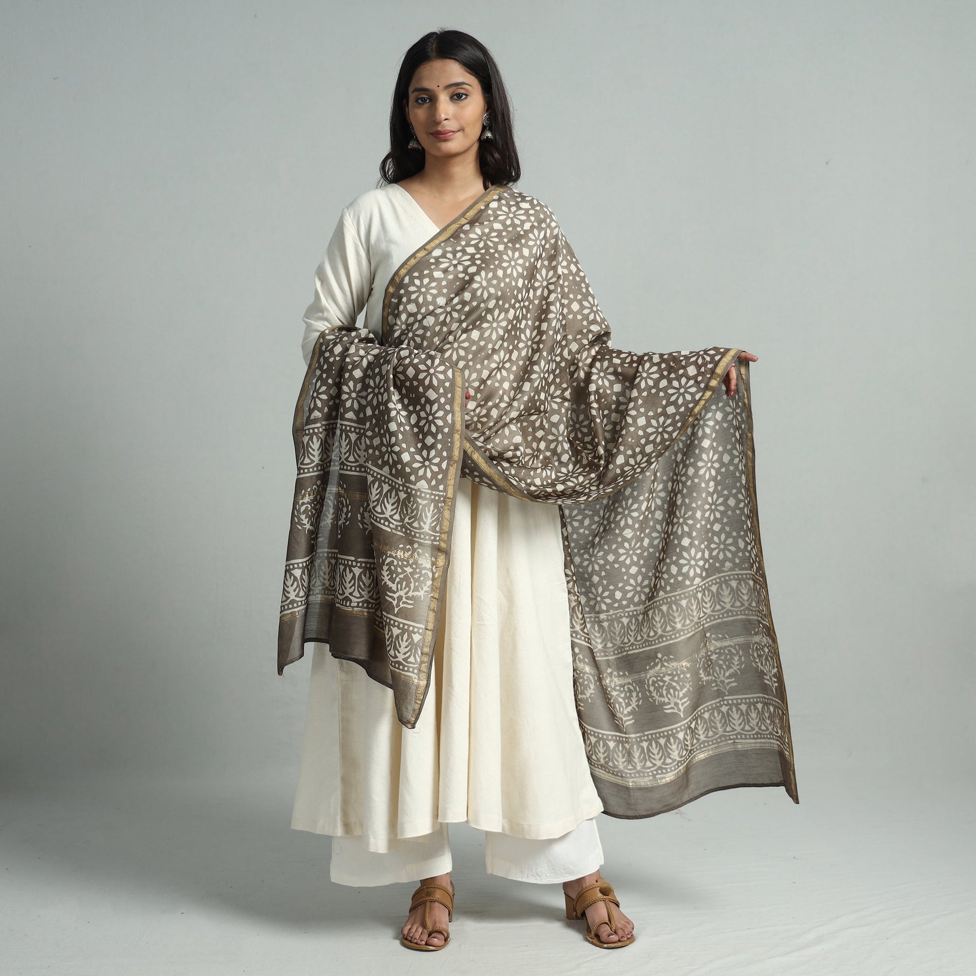 Brown - Pipad Block Printed Handloom Chanderi Silk Dupatta 76