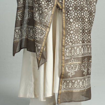 Brown - Pipad Block Printed Handloom Chanderi Silk Dupatta 76