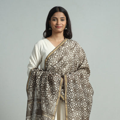 Brown - Pipad Block Printed Handloom Chanderi Silk Dupatta 76