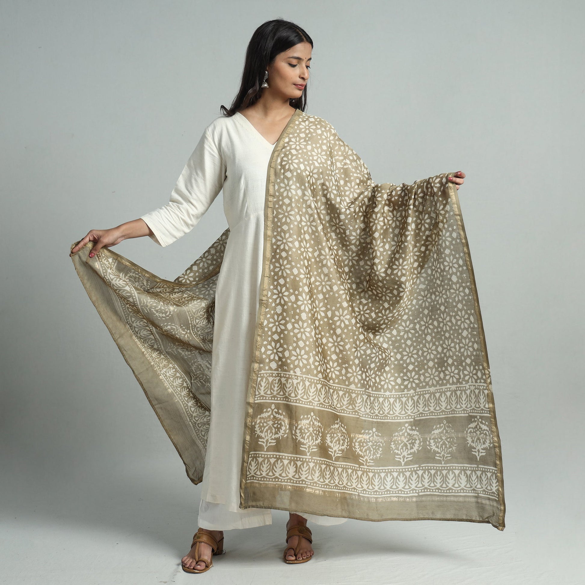 Brown - Pipad Block Printed Handloom Chanderi Silk Dupatta 74