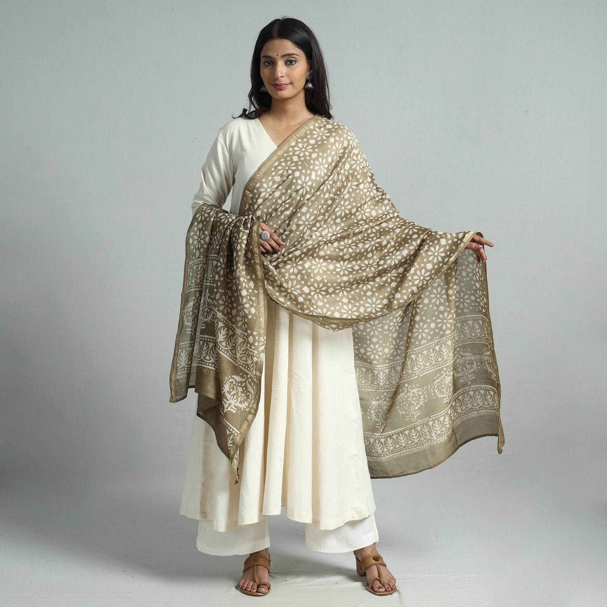 Brown - Pipad Block Printed Handloom Chanderi Silk Dupatta 74