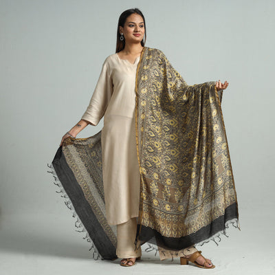 Brown - Hand Block Print Chanderi Silk Ajrakh Dupatta 150