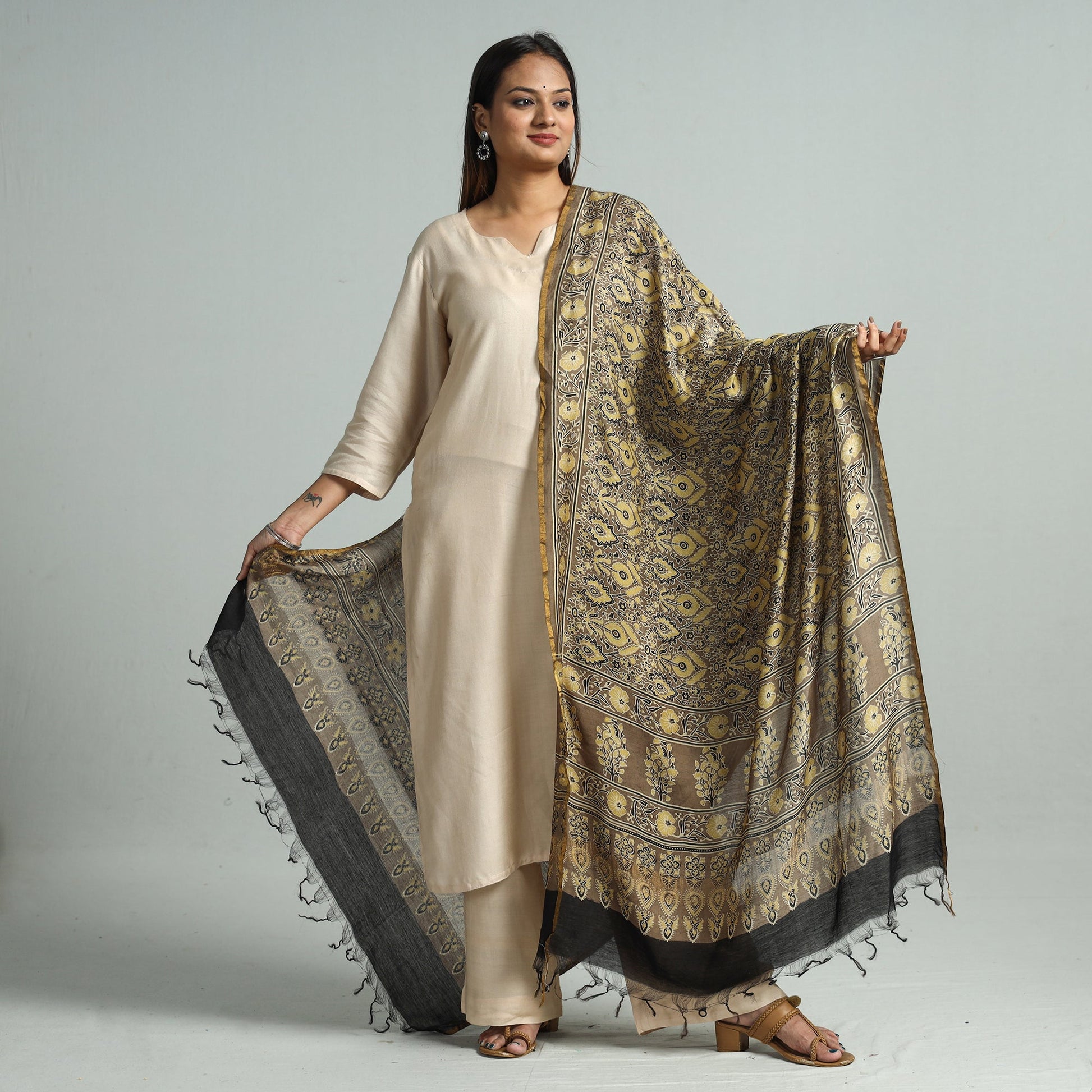 Brown - Hand Block Print Chanderi Silk Ajrakh Dupatta 150