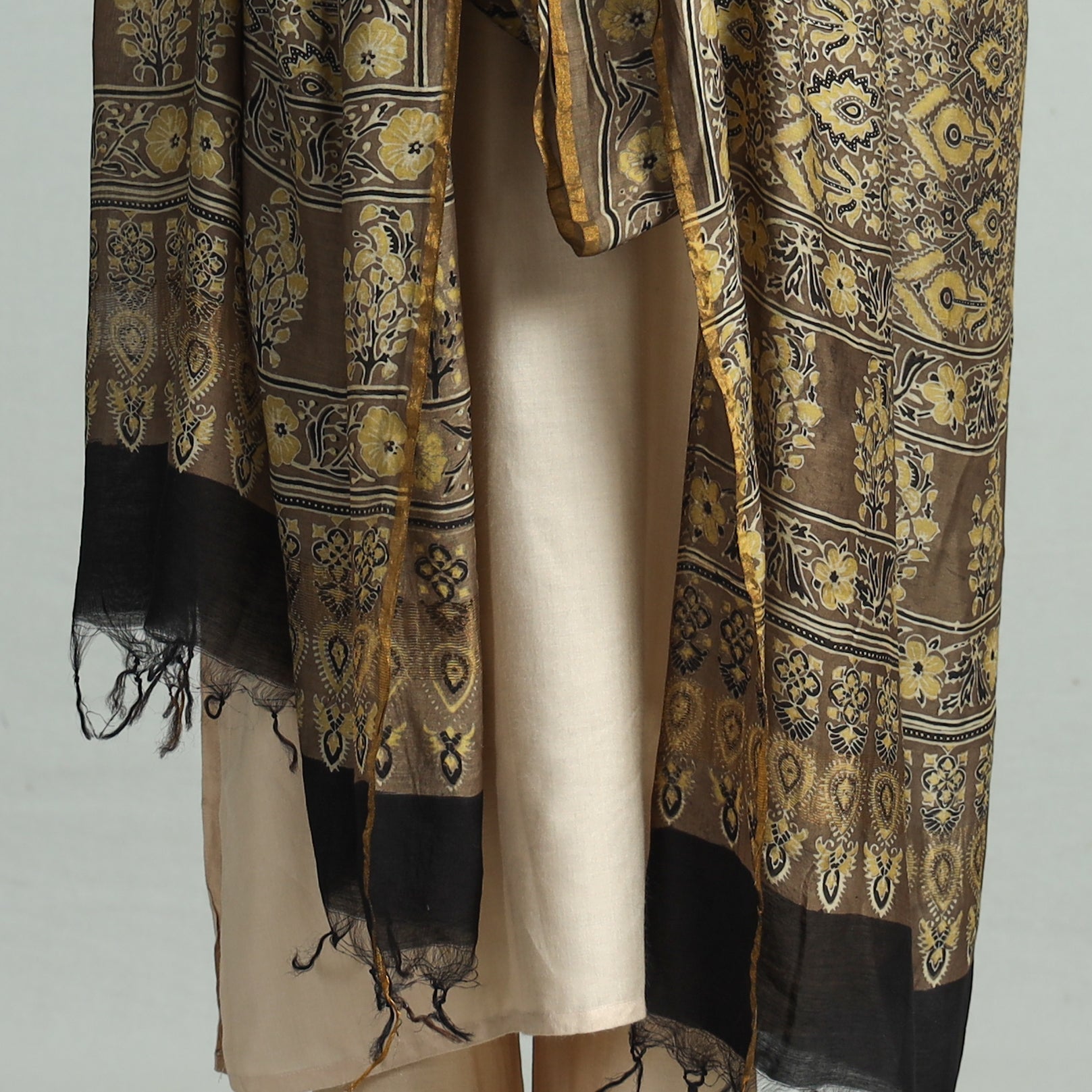 Brown - Hand Block Print Chanderi Silk Ajrakh Dupatta 150