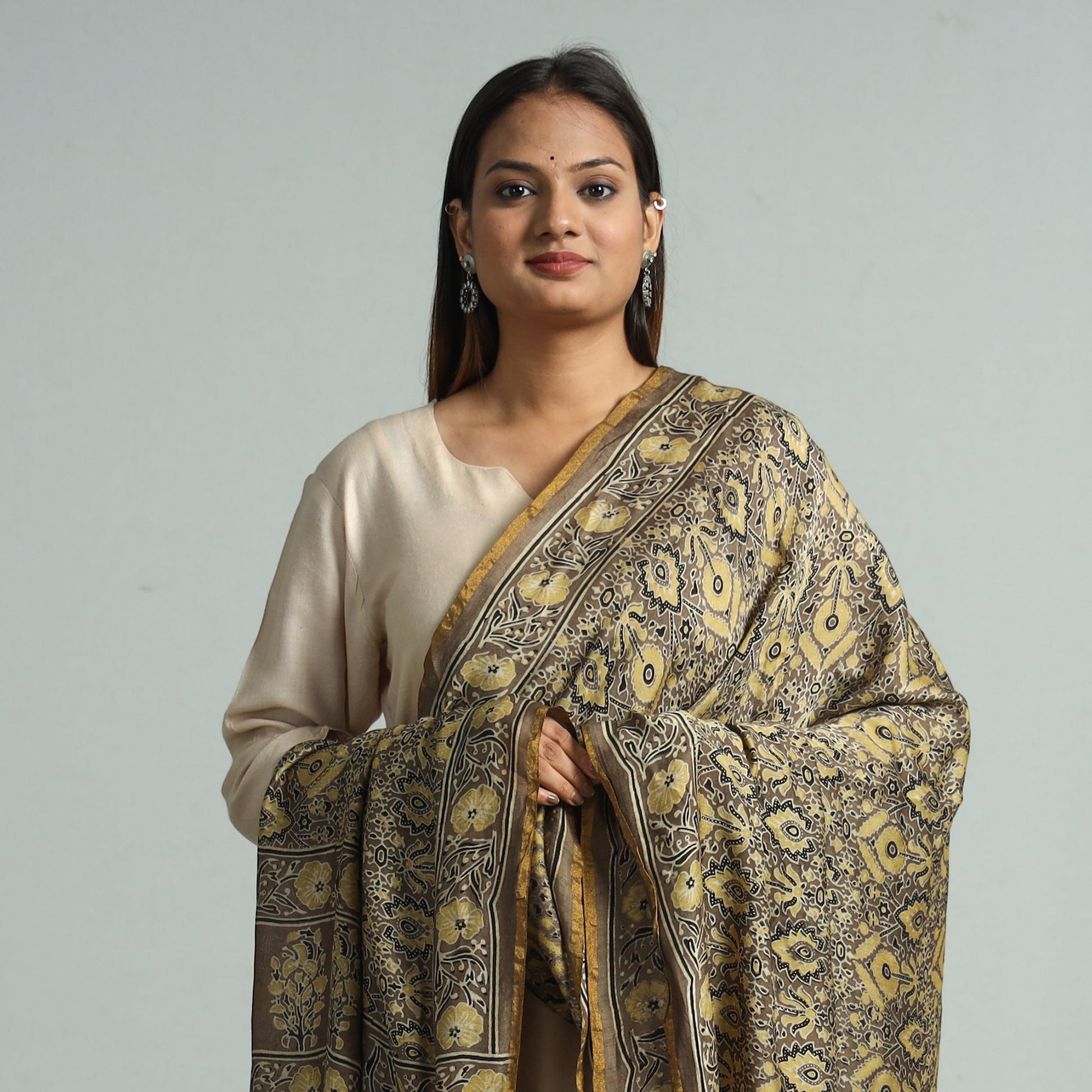 Brown - Hand Block Print Chanderi Silk Ajrakh Dupatta 150