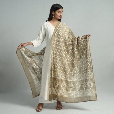 Brown - Pipad Block Printed Handloom Chanderi Silk Dupatta 65