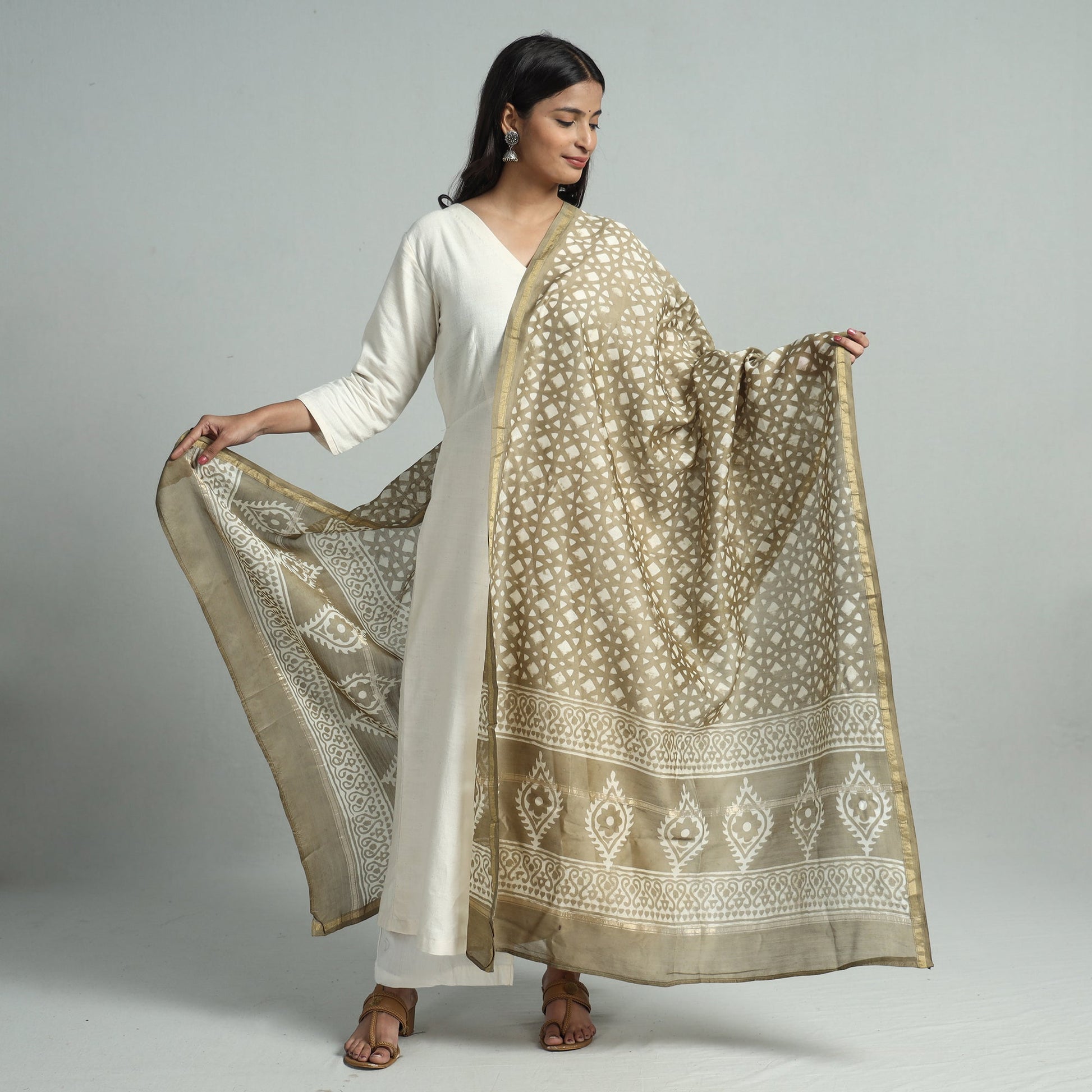 Brown - Pipad Block Printed Handloom Chanderi Silk Dupatta 65