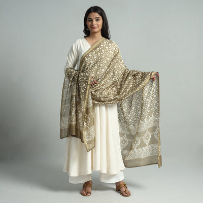 Brown - Pipad Block Printed Handloom Chanderi Silk Dupatta 65