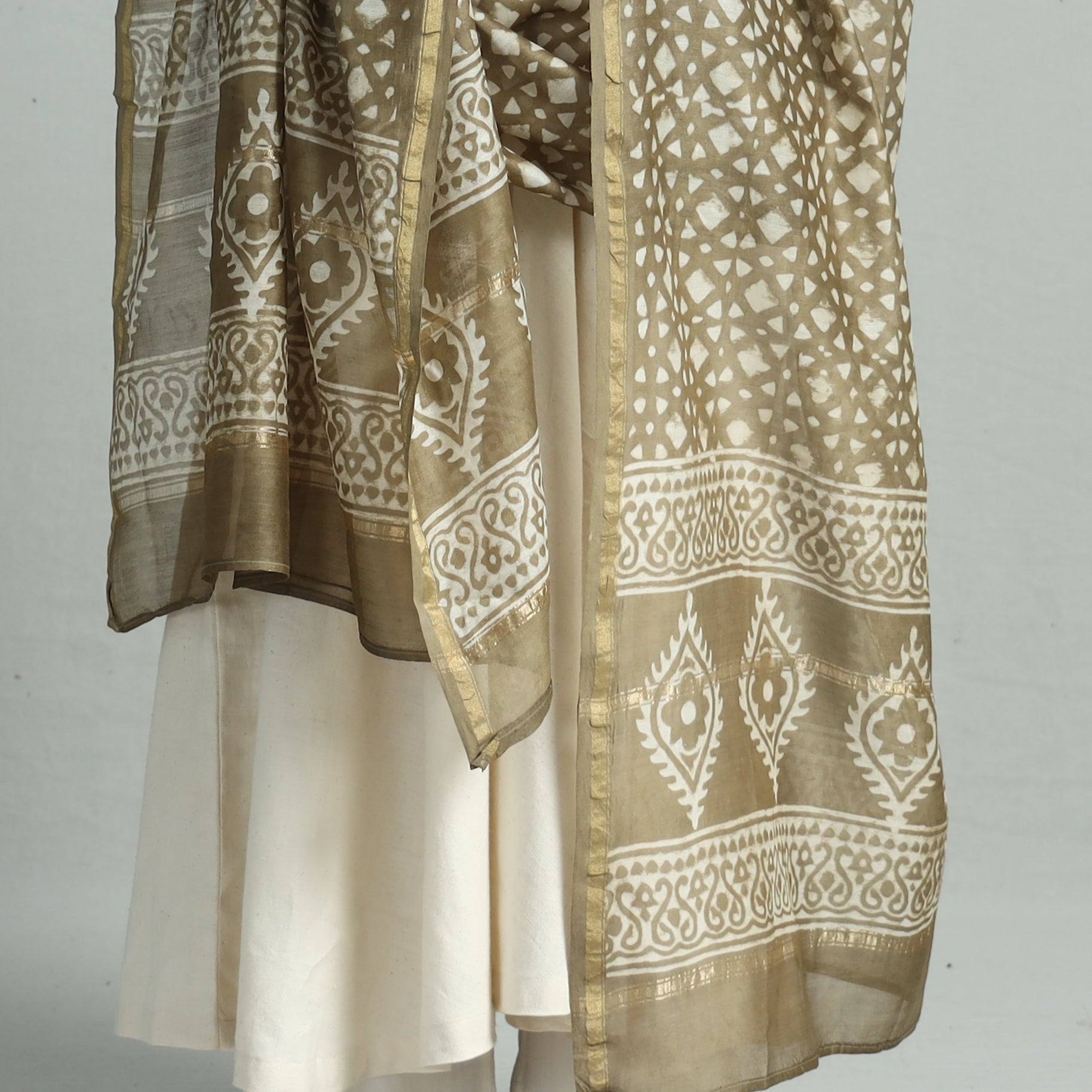 Brown - Pipad Block Printed Handloom Chanderi Silk Dupatta 65