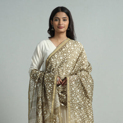 Brown - Pipad Block Printed Handloom Chanderi Silk Dupatta 65