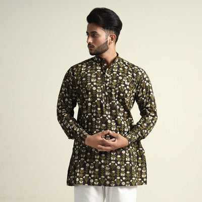 Black & Green - Bagru Block Printed Cotton Men Short Kurta