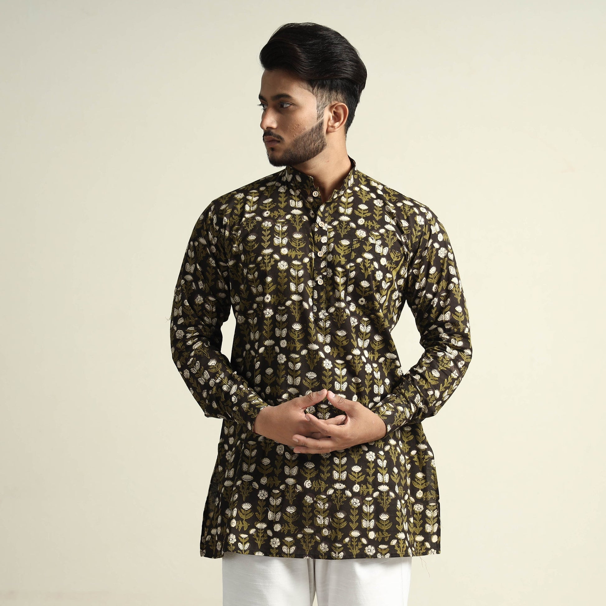 Black & Green - Bagru Block Printed Cotton Men Short Kurta