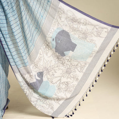 Blue - Bengal Kantha Hand Embroidery Handloom Cotton Saree with Tassels 20