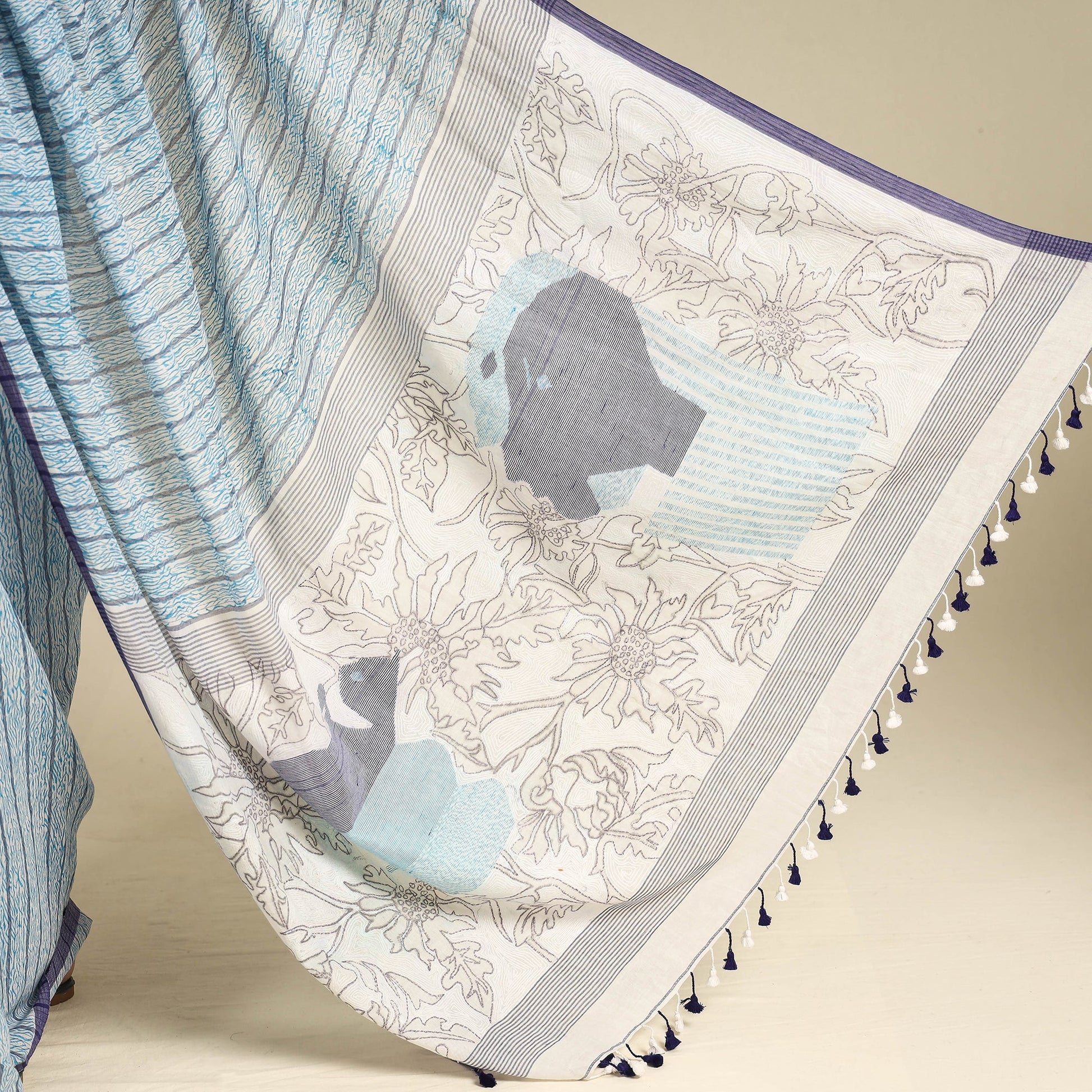 Blue - Bengal Kantha Hand Embroidery Handloom Cotton Saree with Tassels 20