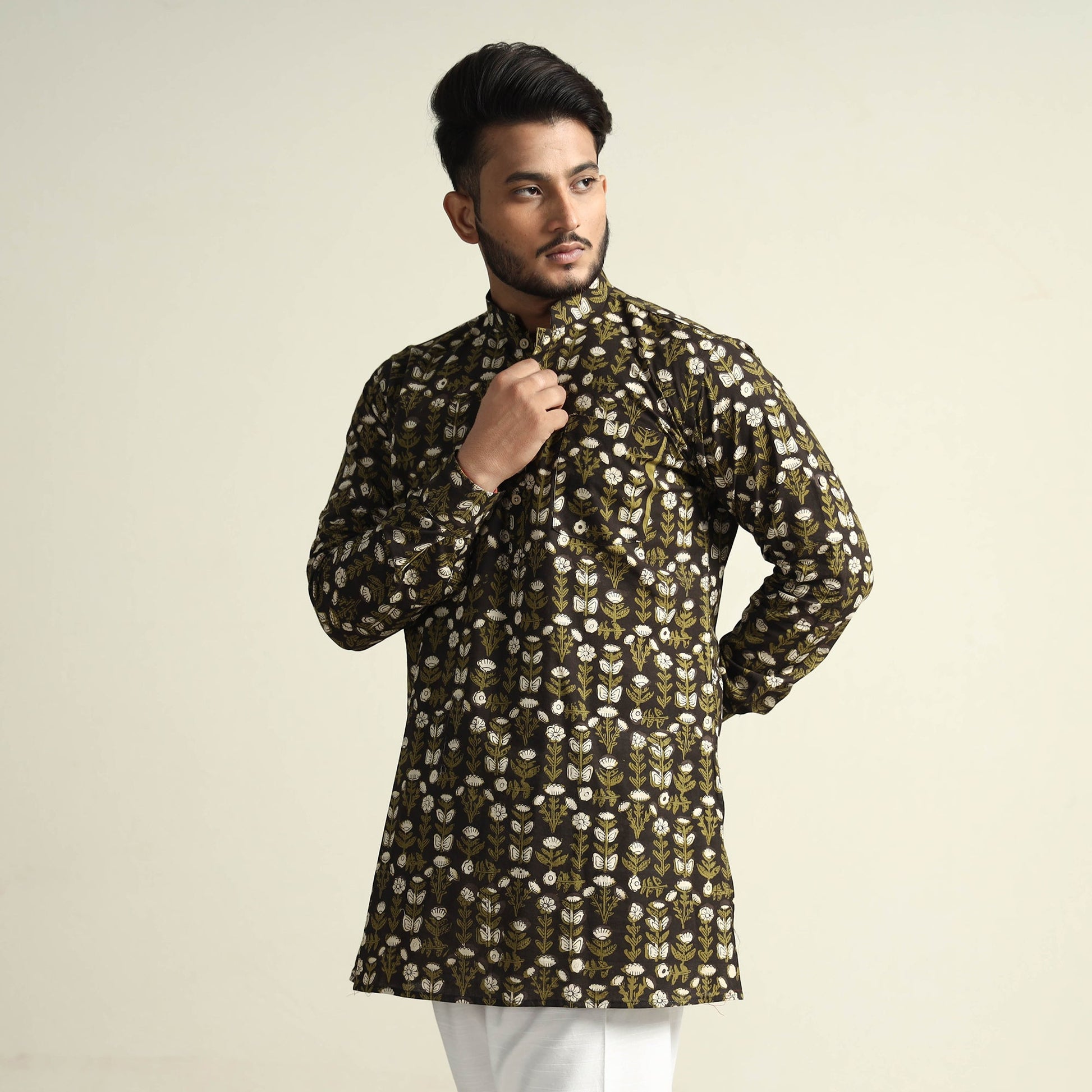 Black & Green - Bagru Block Printed Cotton Men Short Kurta