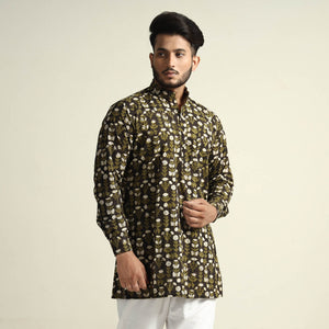 Black & Green - Bagru Block Printed Cotton Men Short Kurta