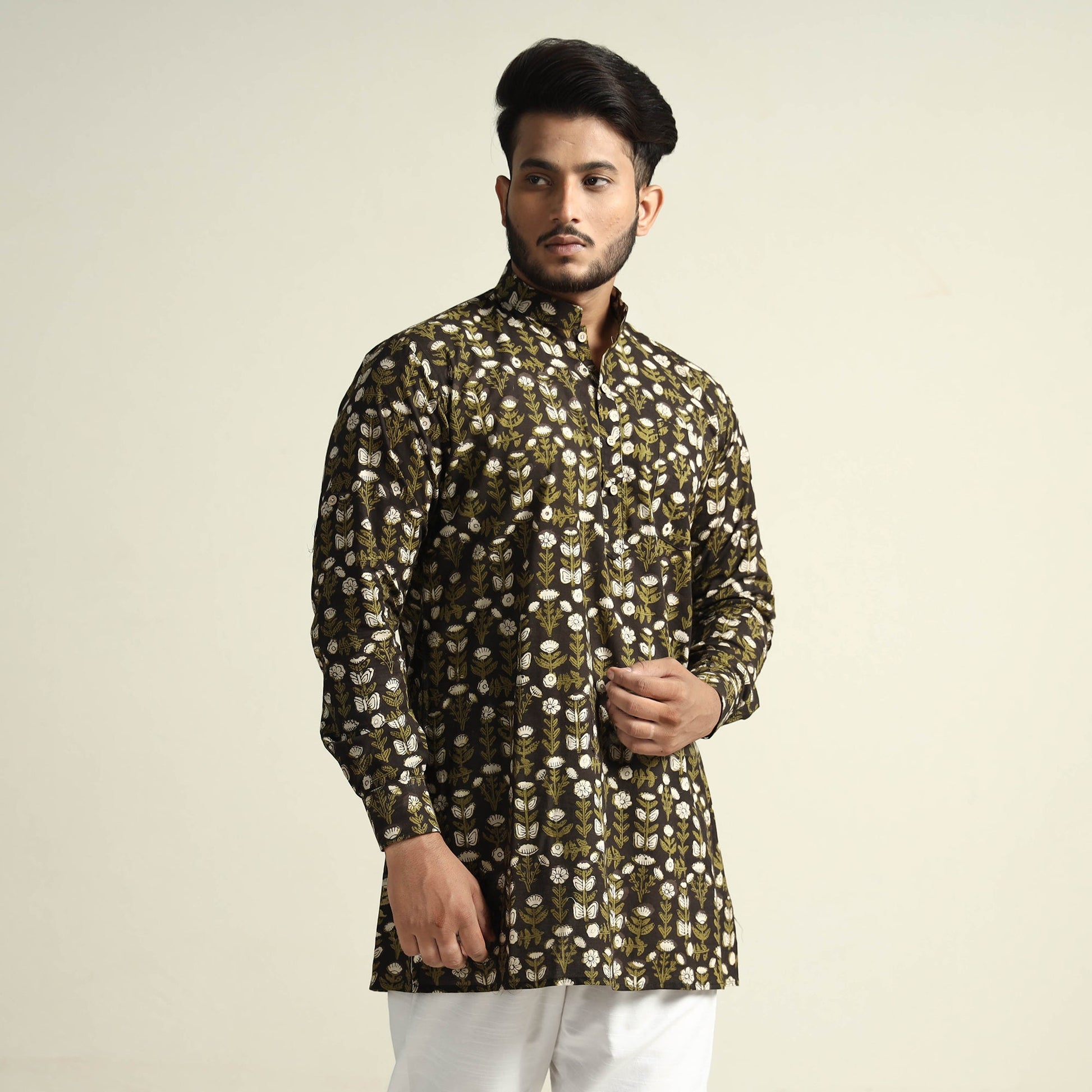 Black & Green - Bagru Block Printed Cotton Men Short Kurta