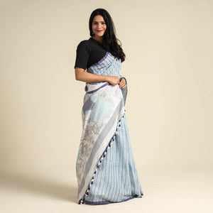 Blue - Bengal Kantha Hand Embroidery Handloom Cotton Saree with Tassels 20