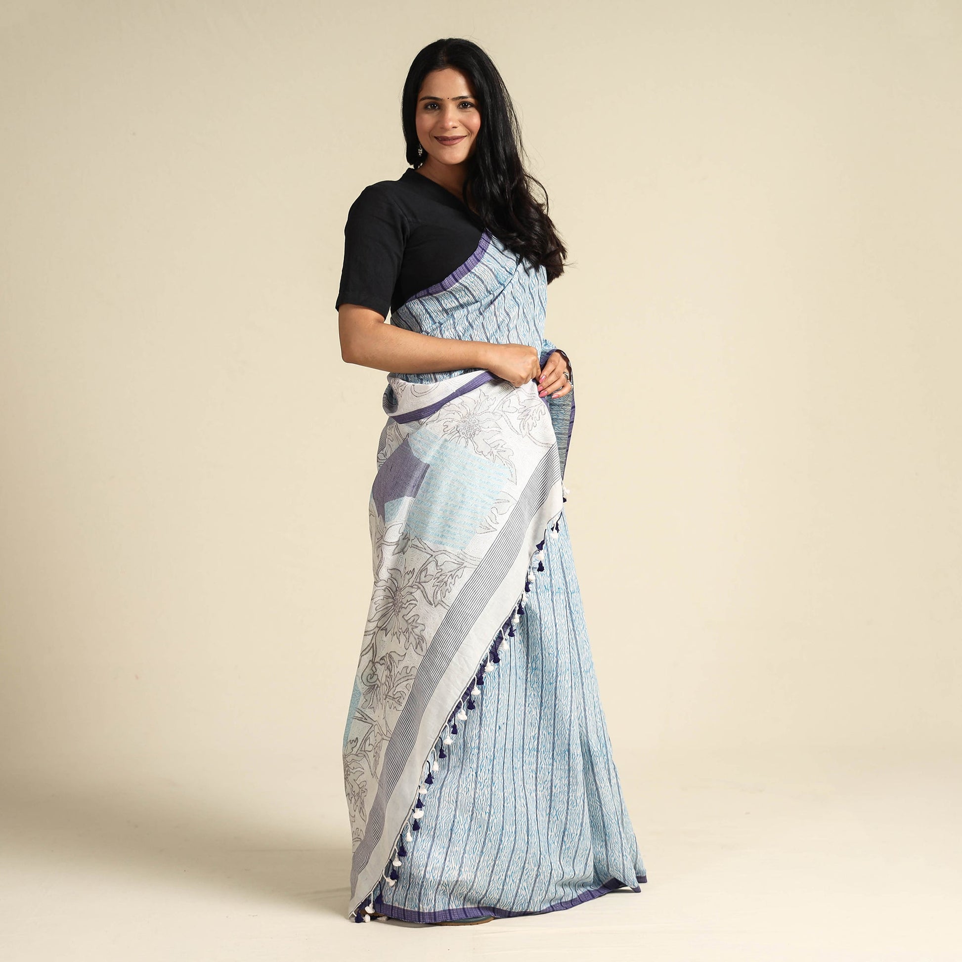 Blue - Bengal Kantha Hand Embroidery Handloom Cotton Saree with Tassels 20
