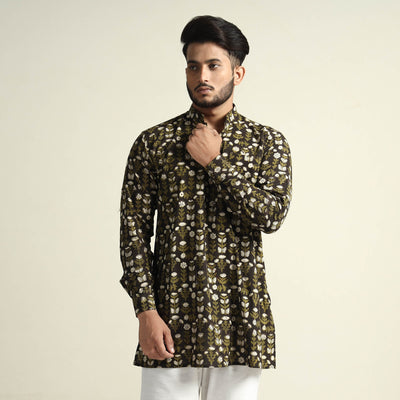 Black & Green - Bagru Block Printed Cotton Men Short Kurta