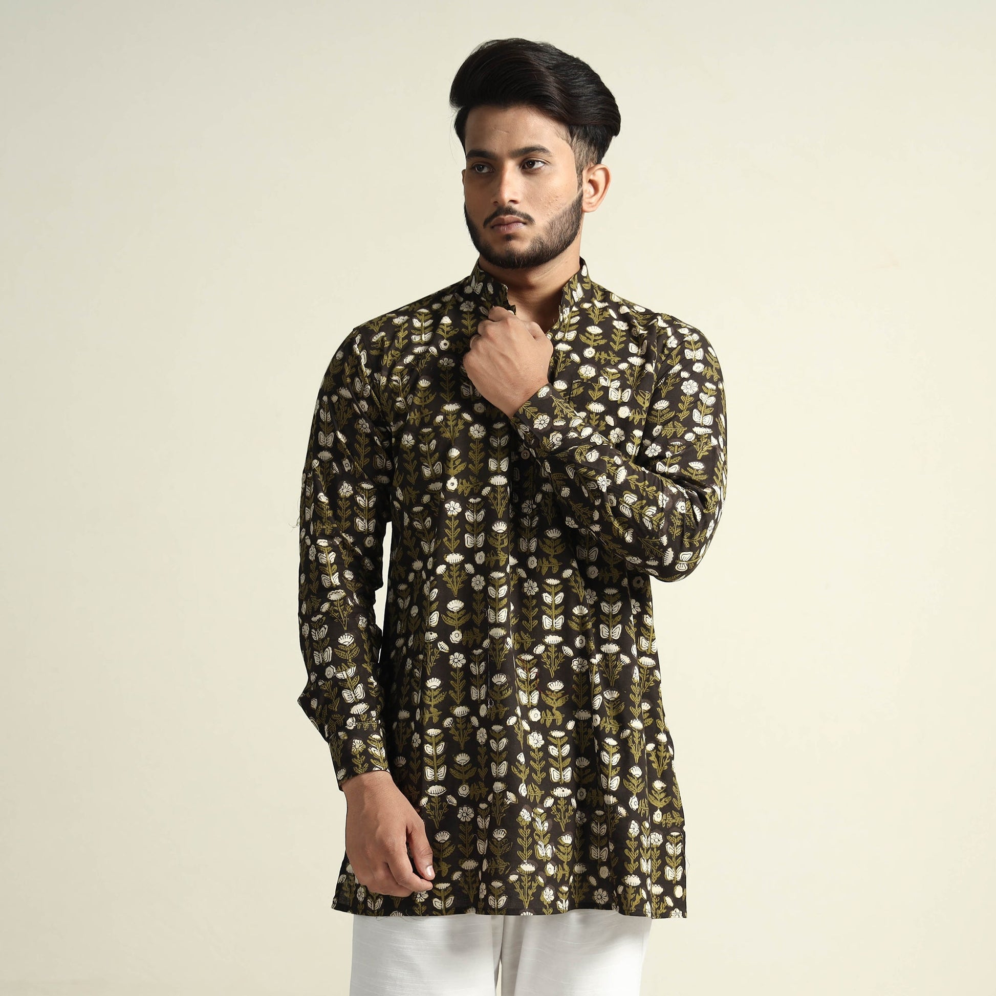 Black & Green - Bagru Block Printed Cotton Men Short Kurta