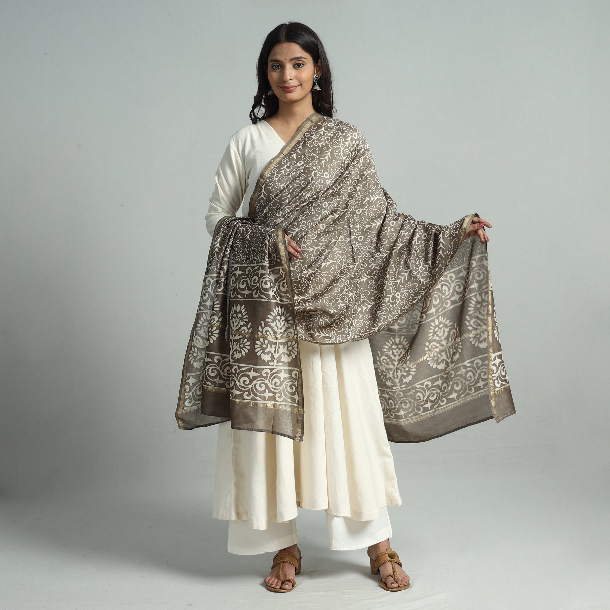 Brown - Pipad Block Printed Handloom Chanderi Silk Dupatta 72