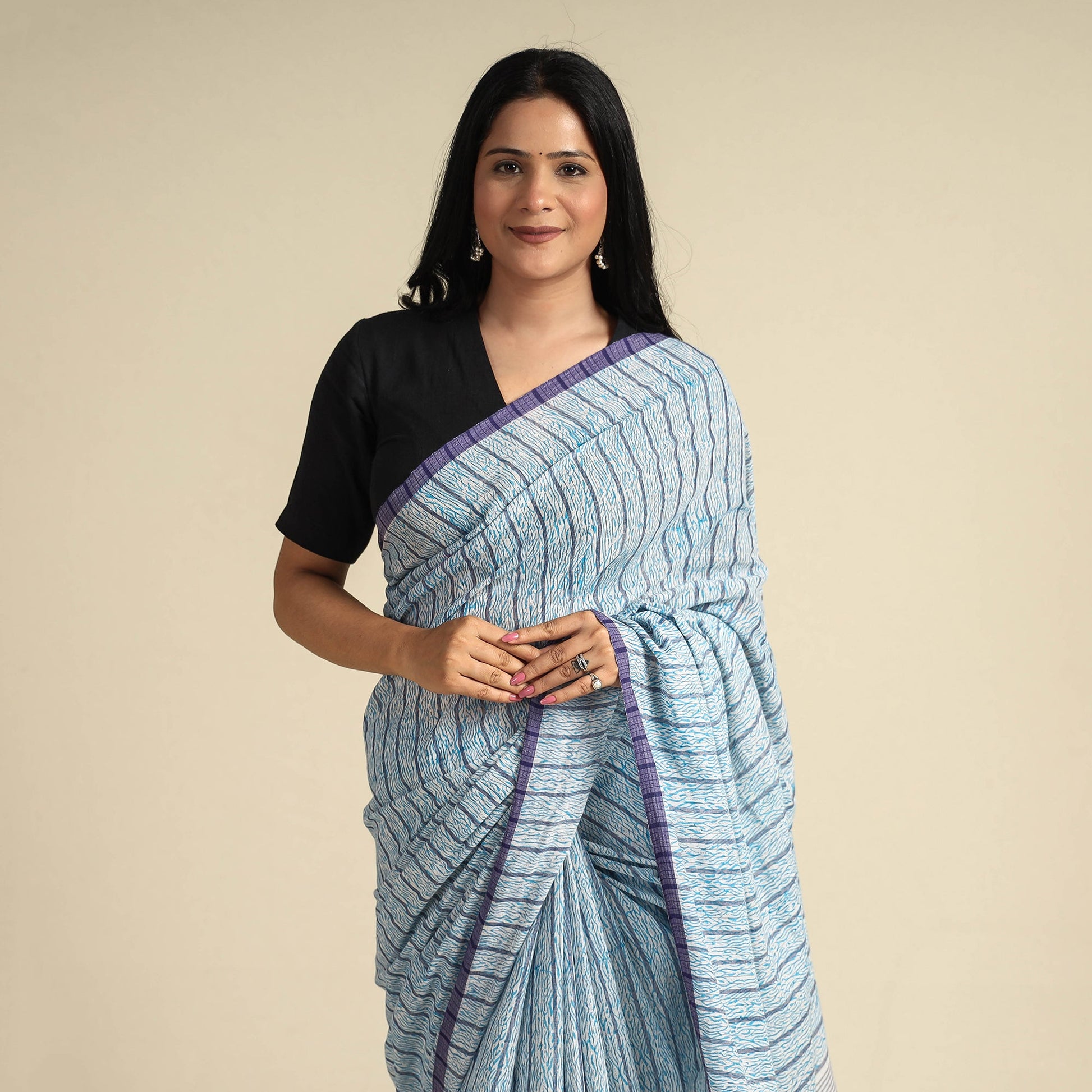 Blue - Bengal Kantha Hand Embroidery Handloom Cotton Saree with Tassels 20