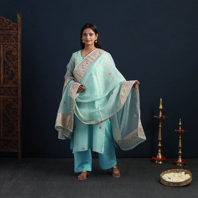 Blue - Elegant Gota Work Silk Kota Doria Kurta Set 01