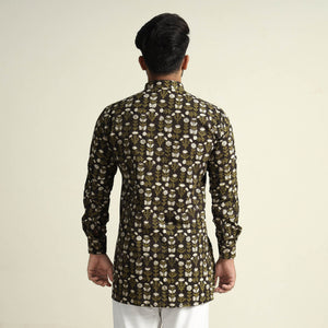 Black & Green - Bagru Block Printed Cotton Men Short Kurta