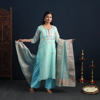 Blue - Elegant Gota Work Silk Kota Doria Kurta Set 01
