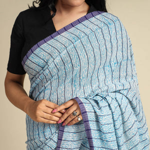 Blue - Bengal Kantha Hand Embroidery Handloom Cotton Saree with Tassels 20