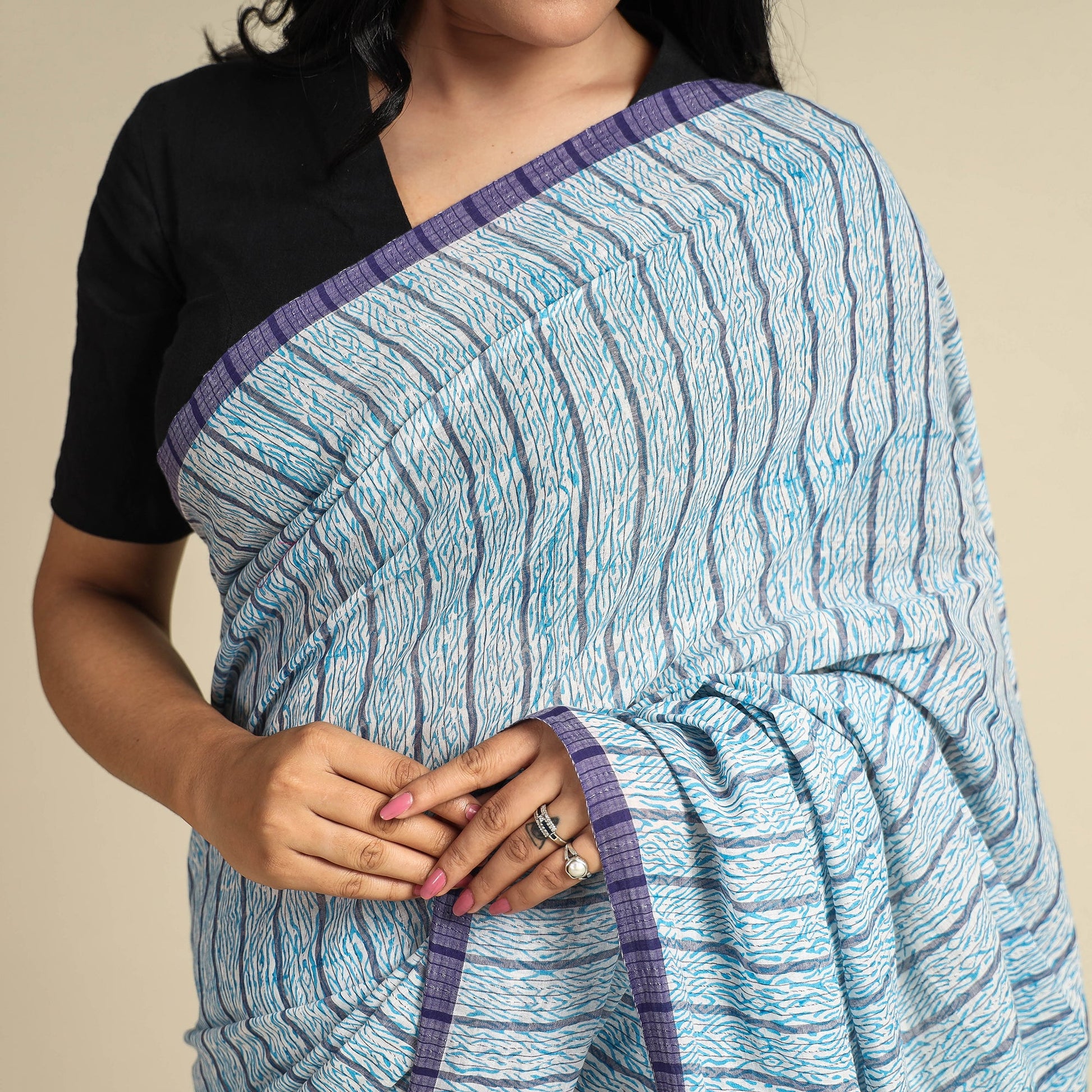 Blue - Bengal Kantha Hand Embroidery Handloom Cotton Saree with Tassels 20