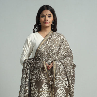 Brown - Pipad Block Printed Handloom Chanderi Silk Dupatta 72